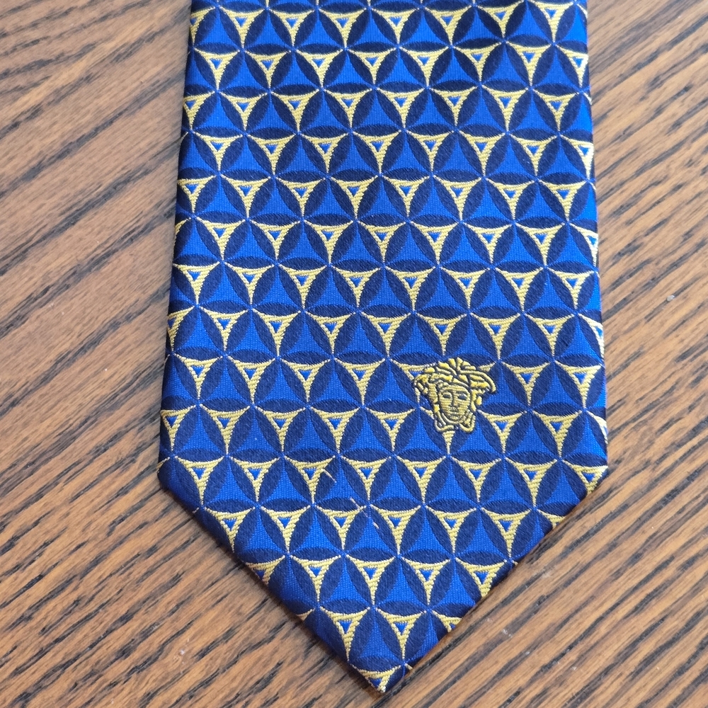 Versace Necktie Blue Gold Geometric Silk Medusa Head Italy
